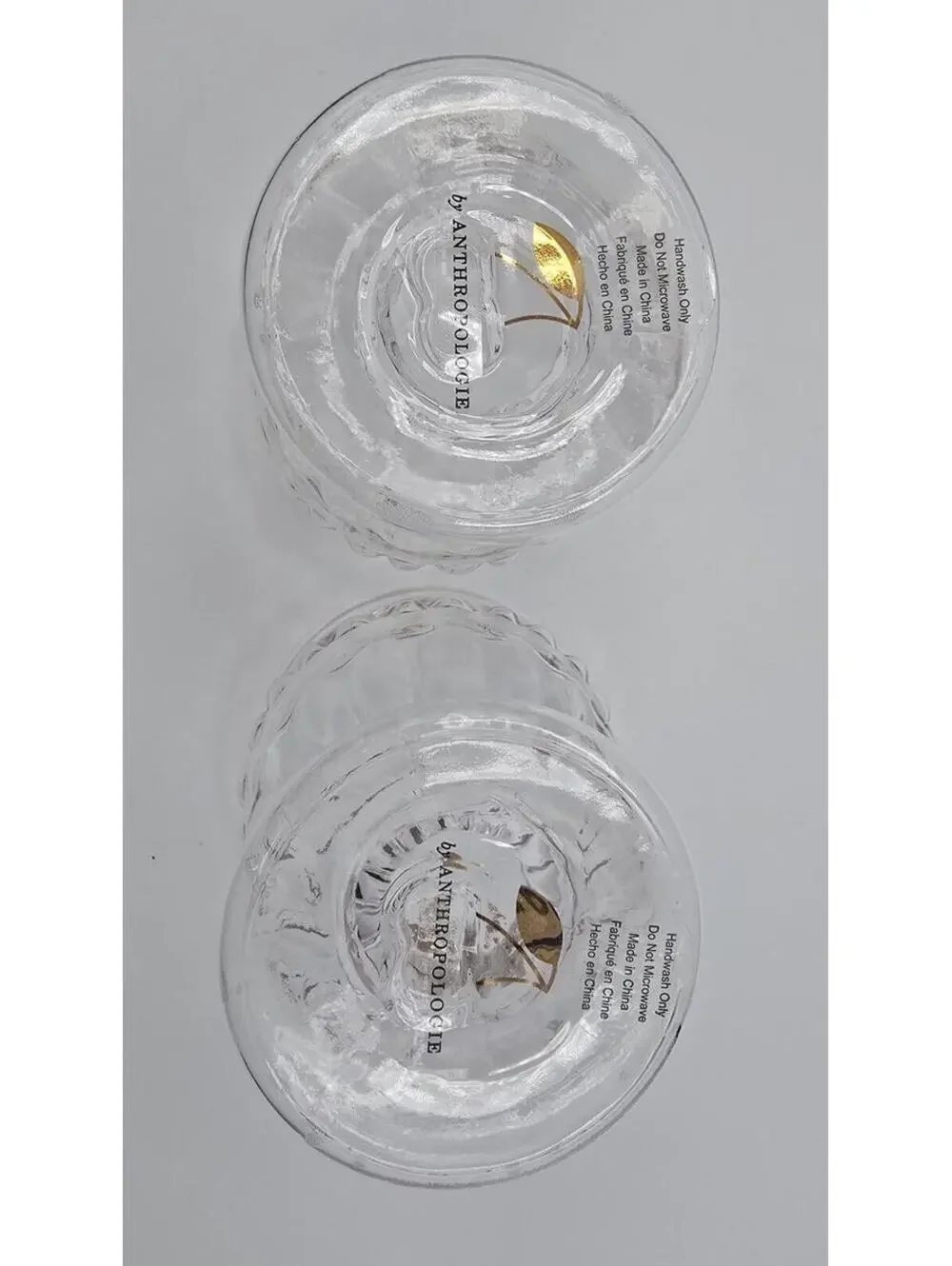 Anthropologie Clear Glass Pedestal Goblets Gold Leaf Pattern Set of 2